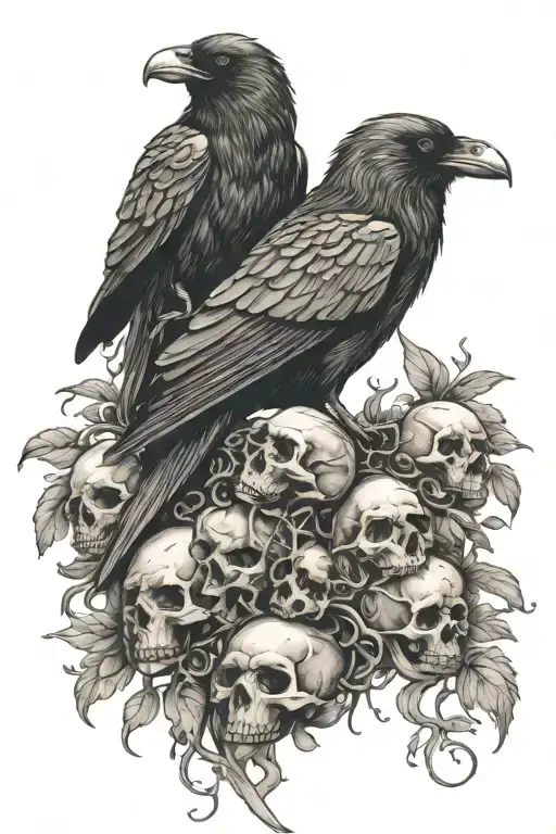 One Raven Sitting Upon A Nest Of Skulls Of Various Animals