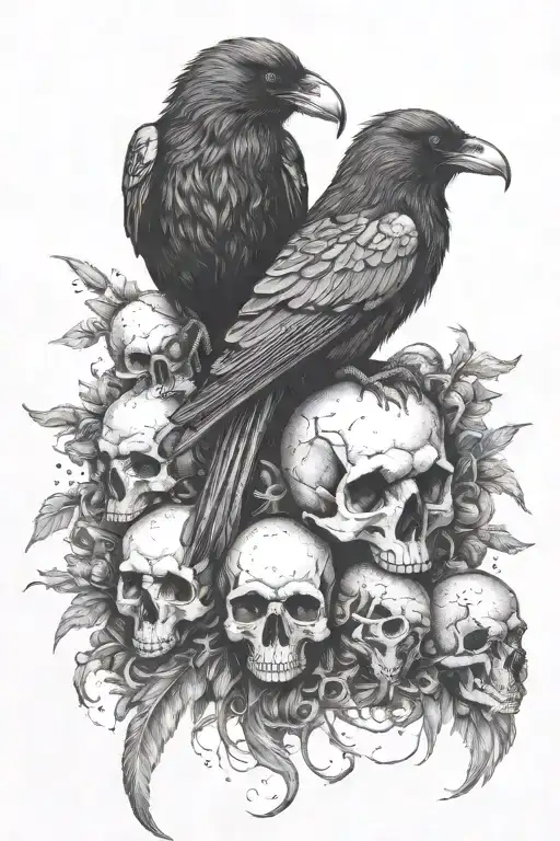 One Raven Sitting Upon A Nest Of Skulls Of Various Animals