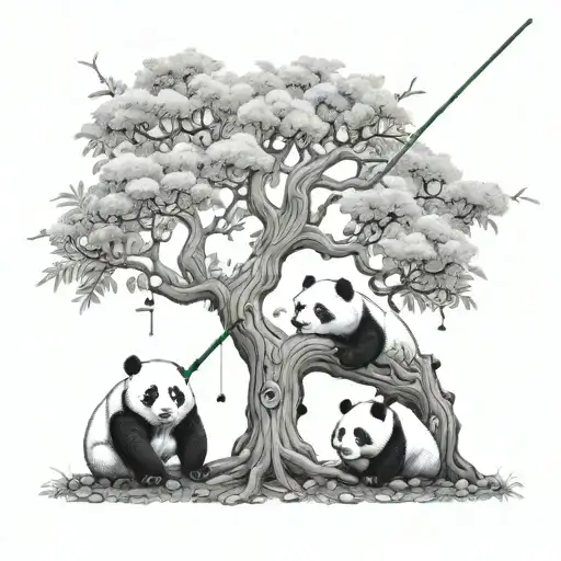 A Fishing Rod Morphing Into A Family Tree With Pandas Lounging In The Branches