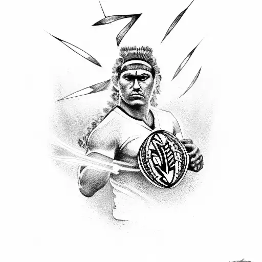 A Maori Warrior Holding A Rugby Ball With Lightning Bolts In The Background