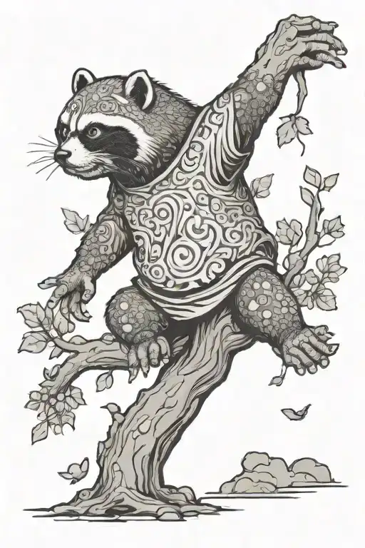 Zombie Tanuki Statue Reaching For Tree Growing