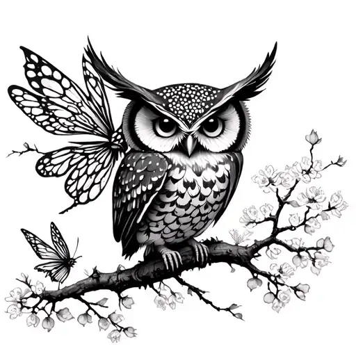 Mystical Owl And Fairies With Cherry Blossom And Japanese Trees