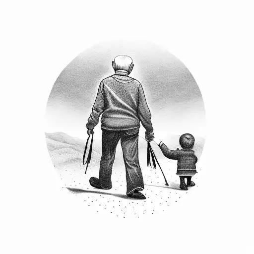 Grandpa And Grandson Walking Down The Road Holding Hands
