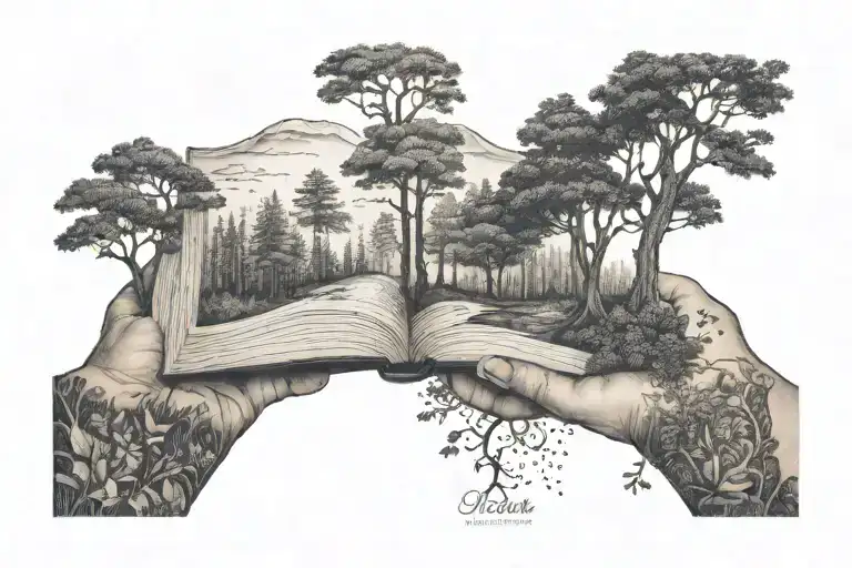 A Dotwork Tattoo Of A Peaceful Forest Scene With A Hidden Book Tucked Under A Tree