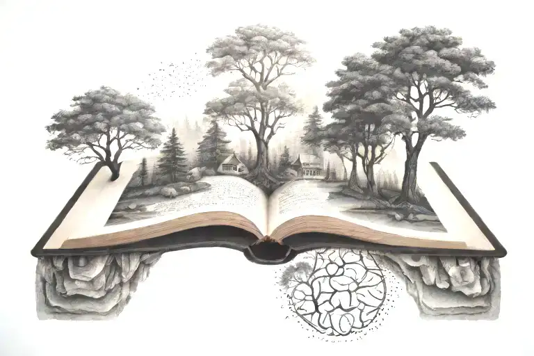 A Dotwork Tattoo Of A Peaceful Forest Scene With A Hidden Book Tucked Under A Tree