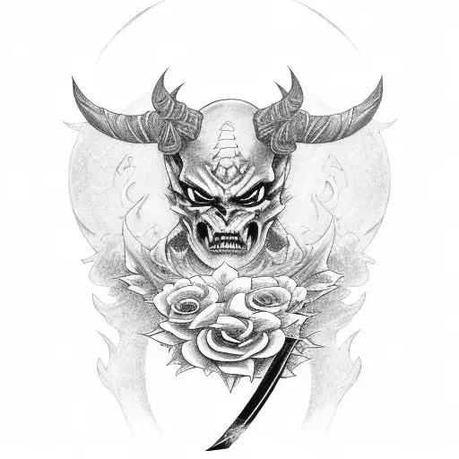 A Demon Holding A Katana That Is Wrapped Around A Rose