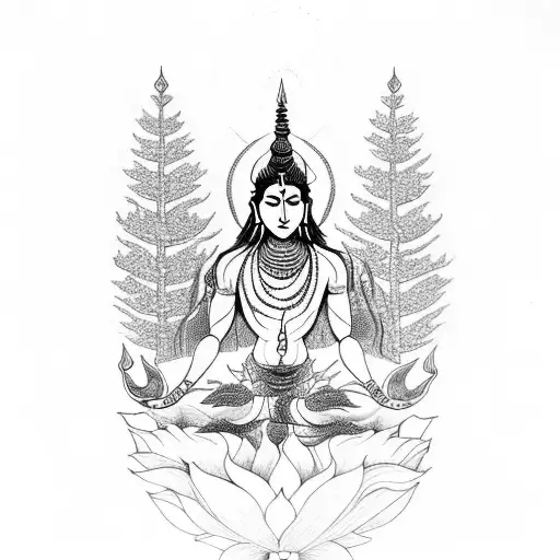 A Detailed Blackwork Tattoo Of Lord Shiv Meditating In A Serene Forest