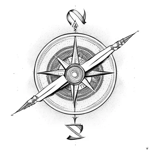 A Dotwork Compass Arrow With A Bow And Arrow Incorporated Into The Design