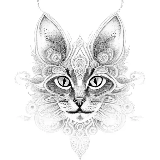An Intricate Dotwork Tattoo Of A Cat With Its Fur Made Up Of Delicate Flower Patterns