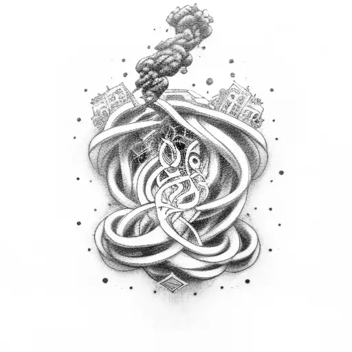 A Black And Grey Tattoo Of Heavy Machinery Intertwined With Smoke And Musical Notes