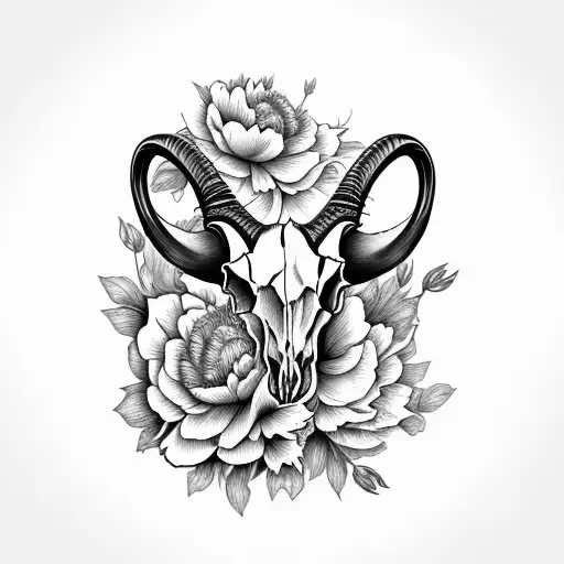 Long Horn Ibex Skull Front View Surrounded By Peony Flowers