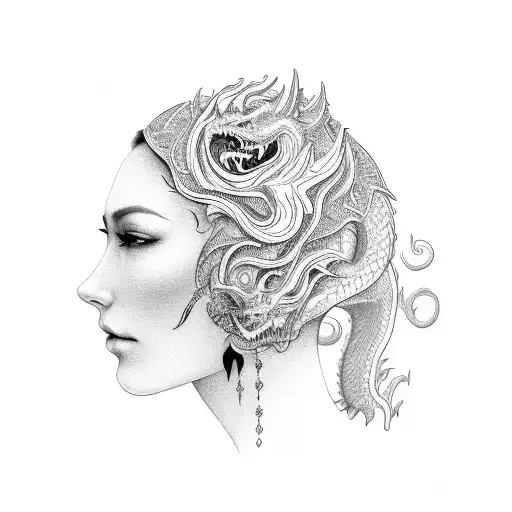 Woman's Face In Profile Surrounded By A Dragon