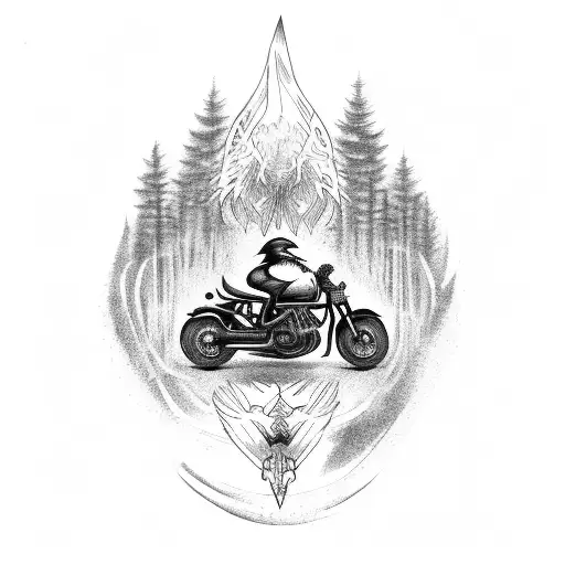 A Crow Riding A Motorcycle Through A Dark Forest