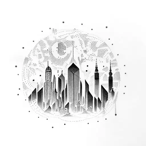 A Dotwork Tattoo Depicting A Futuristic Cityscape Merging With A Dense Forest