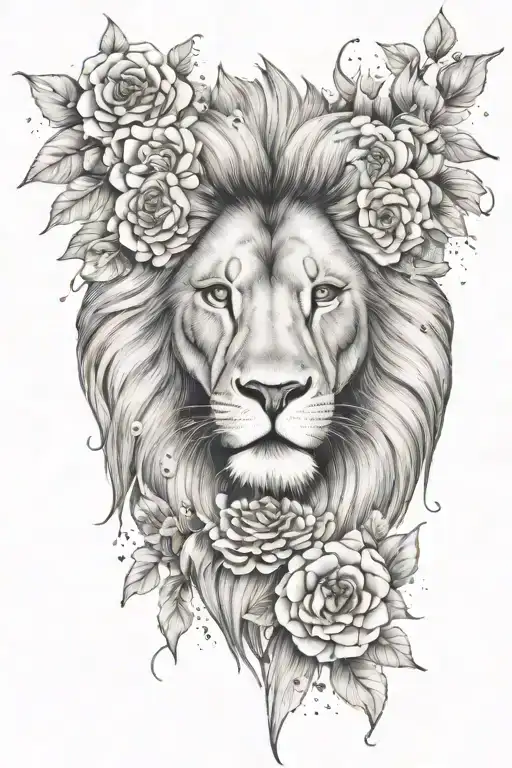 Lion Head Face With Flowers