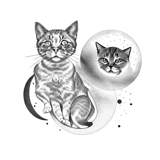 Silhouettes Of Three Cats And Two Mouses On A Low Wall With The Moon In The Background