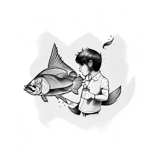 Boy With A Bottle Full Of Fish On His Head