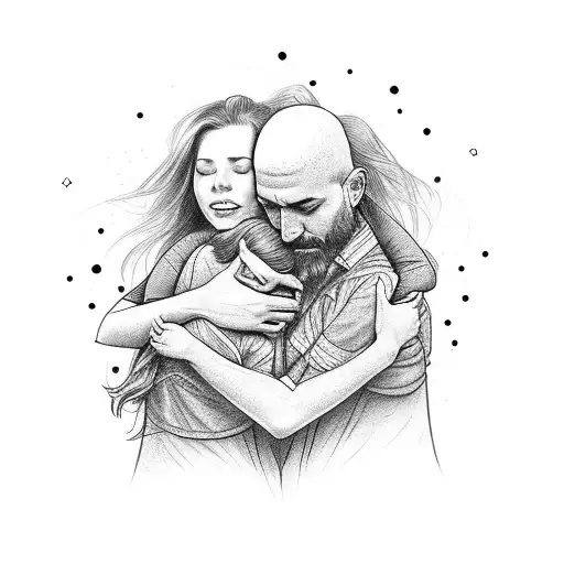 A Father And 3 Daughters Embracing In A Group Hug