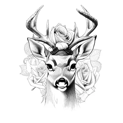 A Male Deer With Dalihas And Roses On The Horn
