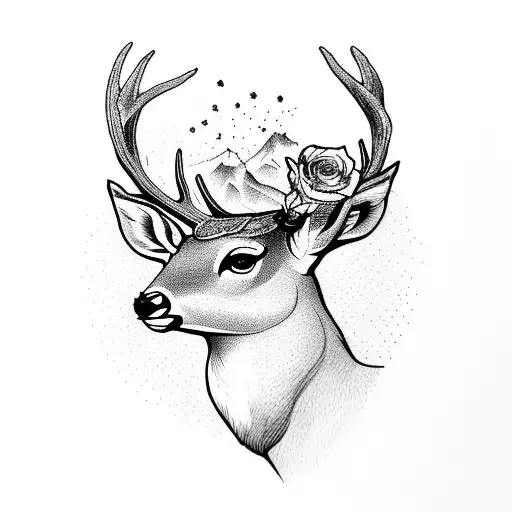 A Male Deer With Dalihas And Roses On The Horns And River In The Background