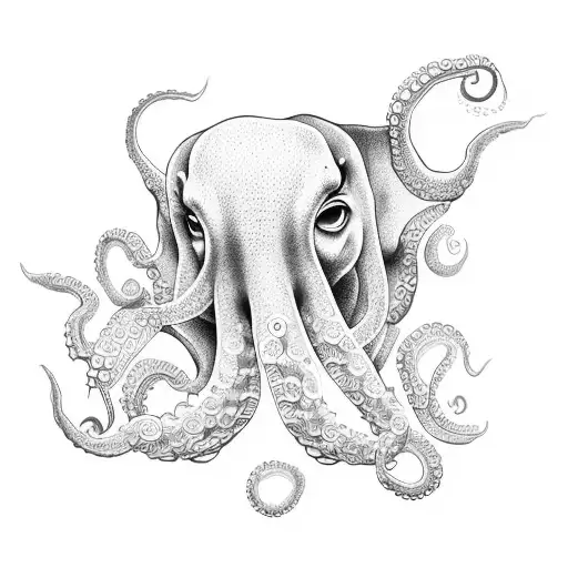 Create A Dotwork Tattoo Featuring An Octopus And An Elephant In A Harmonious Underwater Scene