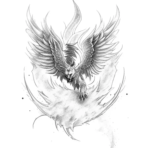 A Phoenix With Open Wings And A Wolf In Front With Dark Aura