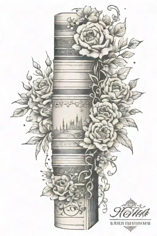 Full Sleeve Arm Tattoo With A Stack Of Book And Floral Accents