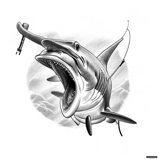 A Hammerhead Shark Jumping Out Of Water With A Fishing Rod As Its Dorsal Fin