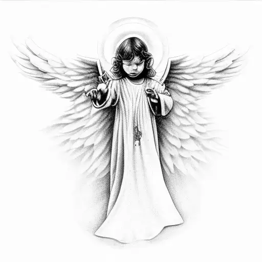 An Angel In A White Robe Who Protects A Big Child