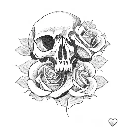 Skull Looking Left With Roses And A Cat On Top