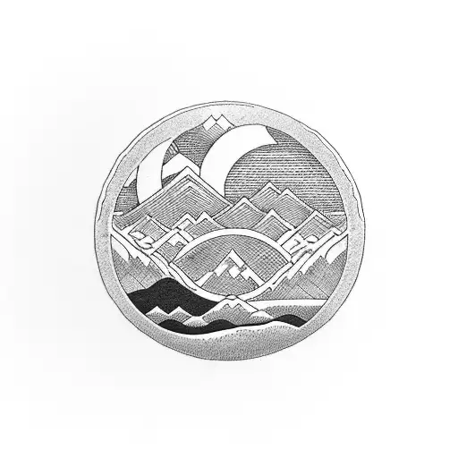 Circle With Mountains And A River Inside Of It And In The River Ripples Is 444