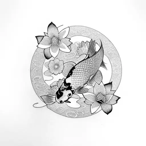Koi Fish Whit Sakura Flowers Around