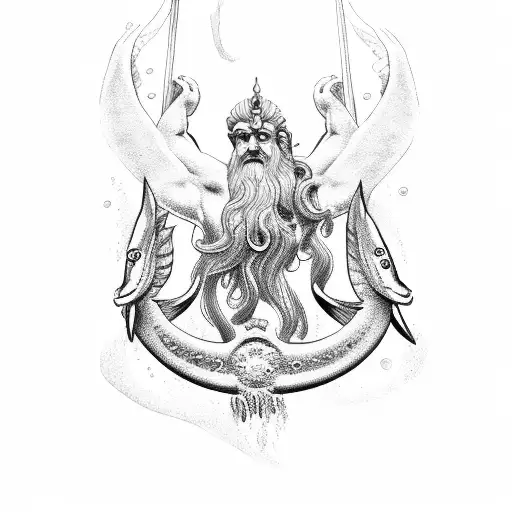 Poseidon Holding A Pisces Shaped Trident
