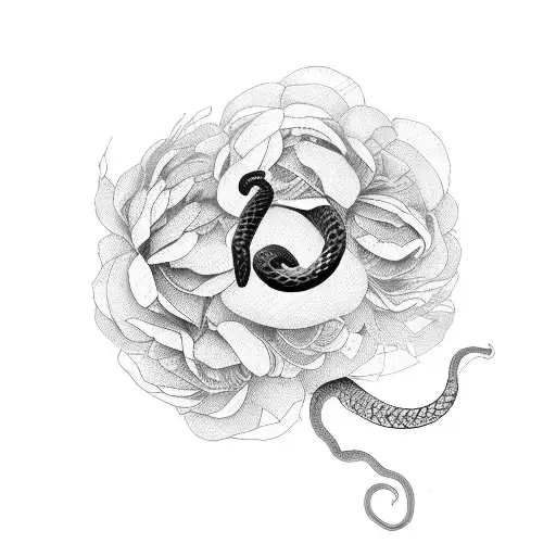 Black Snake Coiled Around 3 Peonies