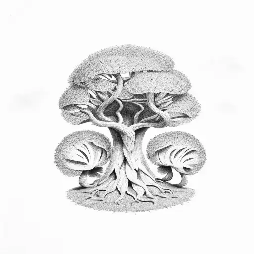 Line Art Of Oak Tree And 2 Normal Size And One Small Size Boletus Under It