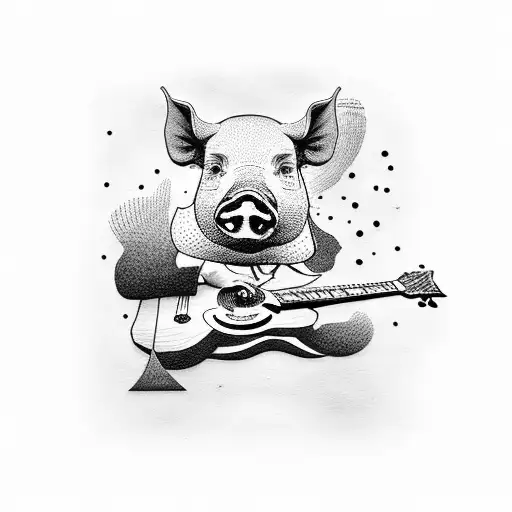 A Dotwork Tattoo Of A Pig Playing A Guitar