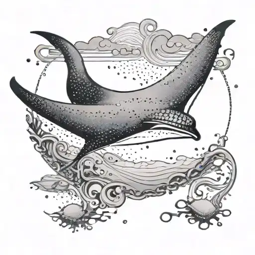 A Dotwork Tattoo Of A Serene Manta Ray Gliding Through A Black-grey Ocean Scene