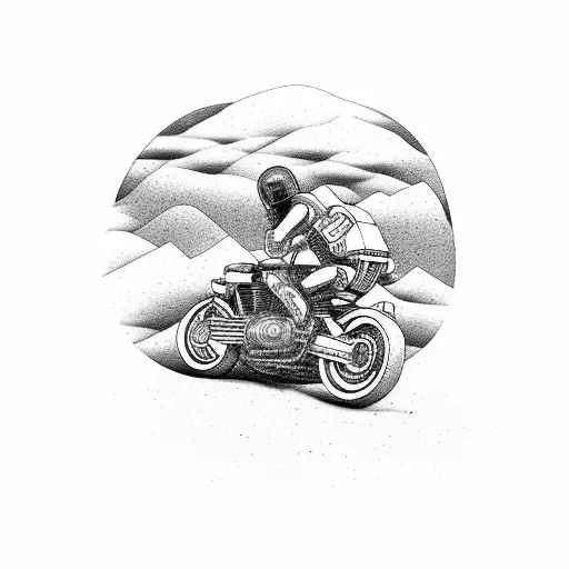 A Motorcycle Speeding Through A Desert Landscape With Rock Music Lyrics Written In The Sky