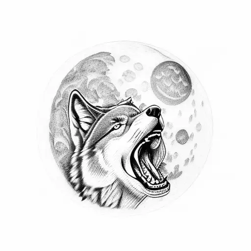A Dotwork Tattoo Of A Wolf Howling At The Moon With Boxing Gloves On