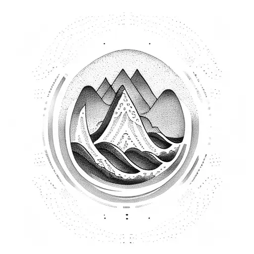 A Dotwork Design Of A Mountain Landscape With An Ocean Wave Forming The Soundhole Of A Guitar