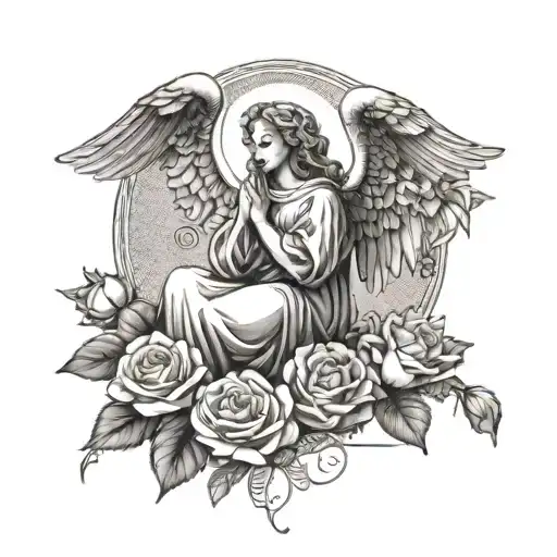 A Dotwork Tattoo Of A Guardian Angel Surrounded By A Bed Of Roses