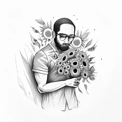 A Man Sitting On A Bench Holding A Bouquet Of Dead Flowers With A Sunflower As A Head