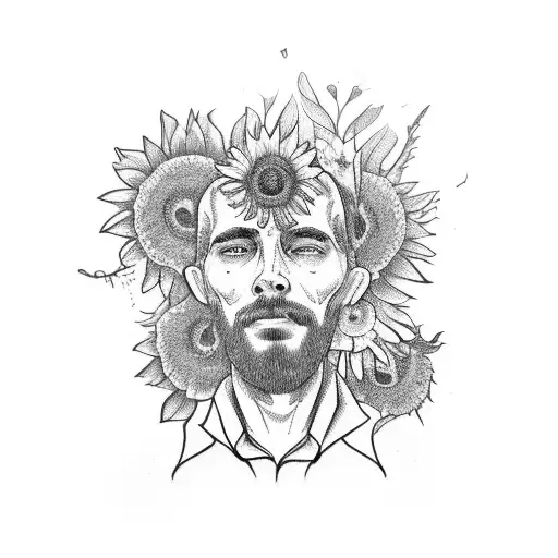 A Man Sitting On A Bench Holding A Bouquet Of Dead Flowers With A Sunflower As A Head