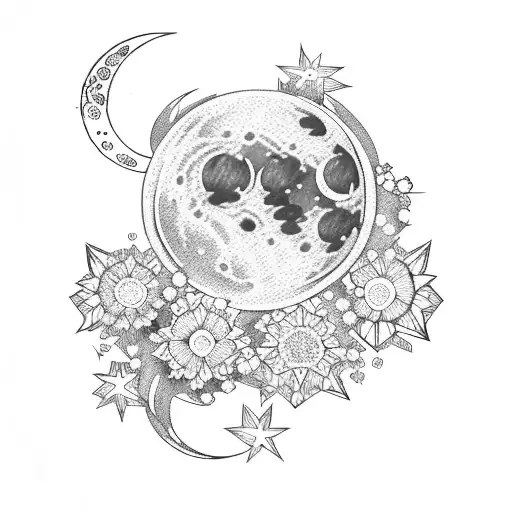 Moon And Stars With Flowers