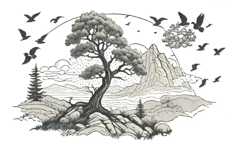 Rocky Hill With Tree At Top That Fades Into Birds Flying