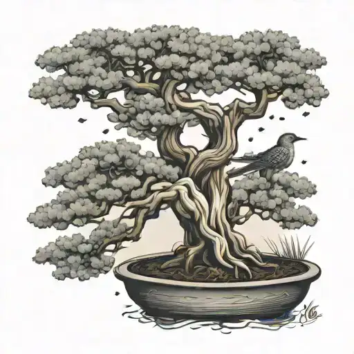 Bonsai Tree With Branches And Leaves In Wind Turning Into Birds