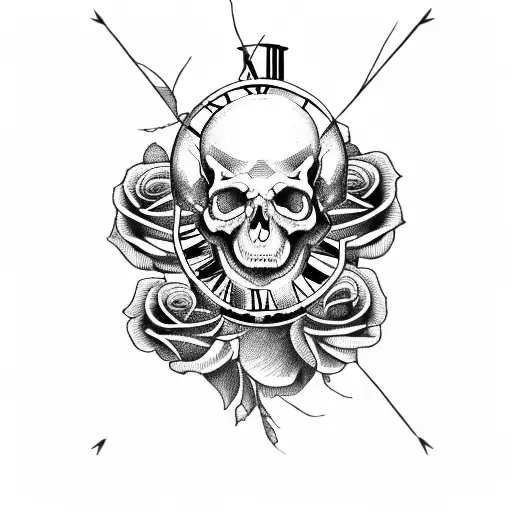 Hand Skull With Dead Roses And A Broken Clock