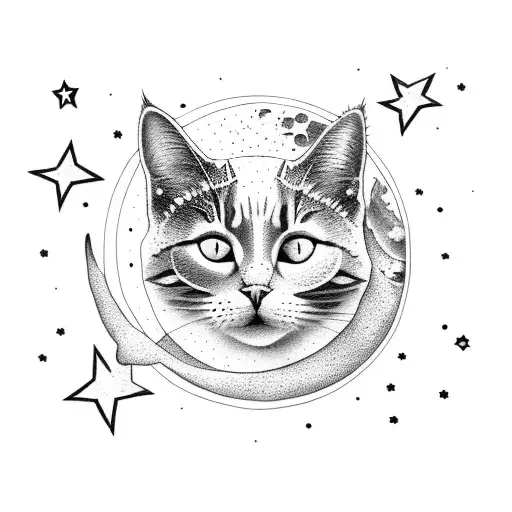 Moon With Cat And Stars