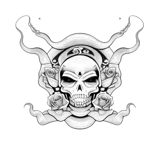 The Front Face Of A Snake With Skulls For Its Eyes And A Rose In Its Mouth