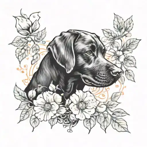A Black Labrador Surrounded By Peach Blossoms And Morning Glory Vines